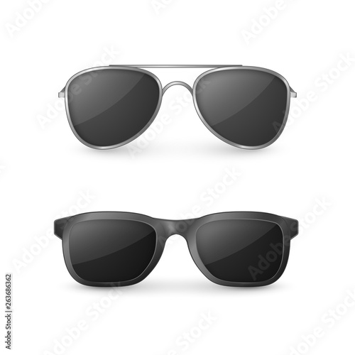 Realistic sunglasses front view. Plastic glasses. Vector illustration isolated on white background