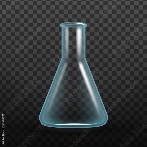 Realistic Laboratory Glassware Or Beaker Vector. Clear Laboratory Glass Equipment With Cylindrical Neck, Empty Sterile Erlenmeyer Flask Isolated On Transparency Grid Background. 3d Illustration