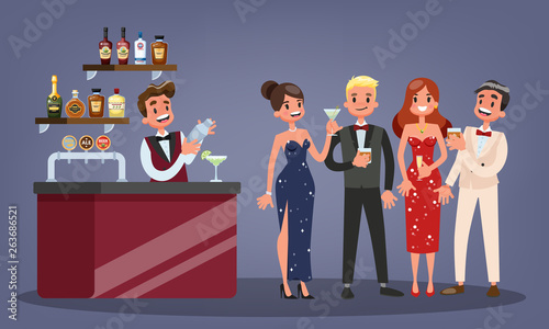 Group of people on the cocktail party. Woman in beautiful dress