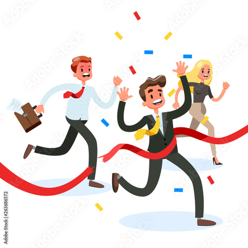 Businessman winner crossing red finish line first