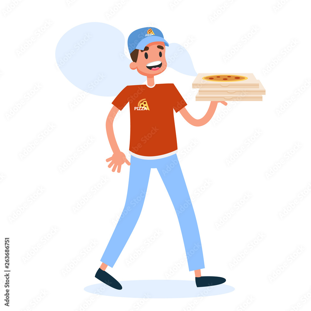 Fast pizza delivery boy courier holding box