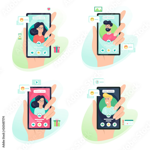 Hand holding mobile phone with person avatar on the screen