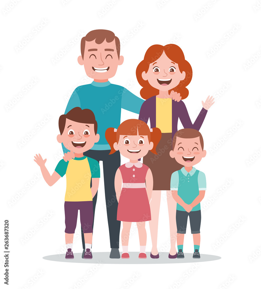 Family portrait. Father, mother and children. Full lenght portrait of family members standing together. Vector illustration in cartoon style isolated on white background. Stock Vector | Adobe Stock Family portrait. Father, mother and children. Full lenght portrait of family members standing together. Vector illustration in cartoon style isolated on white background. Stock Vector | Adobe Stock