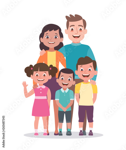 Family portrait. Father, mother, daughter and sons. Full lenght portrait of family members standing together. Vector illustration in cartoon style isolated on white background.