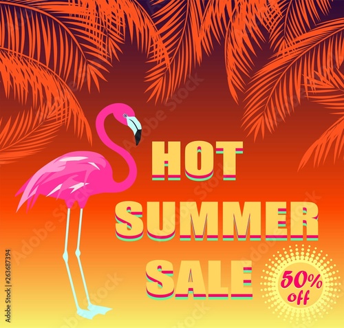 Discount label with hot summer sale lettering, coconut orange palm leaves, offer label and pink flamingo on dark sunset background