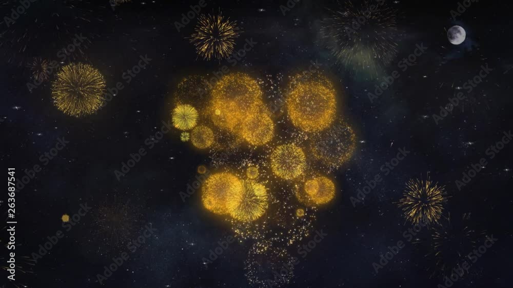 Save the Date Text Typography Reveal From Golden Firework Crackers Particles Night Sky 4k Background. Greeting card, Celebration, Party, Invitation, Gift, Event, Message, Holiday, Wish, Festival