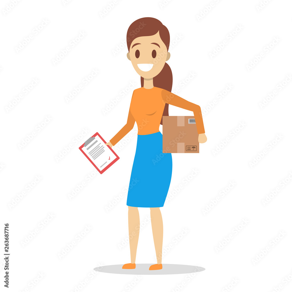 Delivery woman. Courier in orange and blue uniform