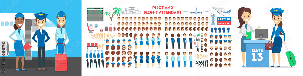 Stewardess and pilot character set for the animation with various views