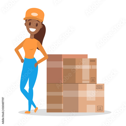 Delivery woman. Courier in uniform standing at a pile