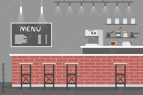 Empty cafe interior. Coffee shop menu on the blackboard