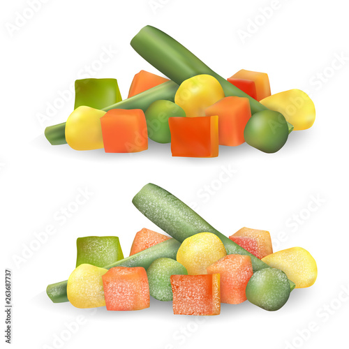 Mixed chopped vegetables isolated. Fresh and frozen. Peas, corn, pepper, carrot, french bean. Realistic vector illustration.