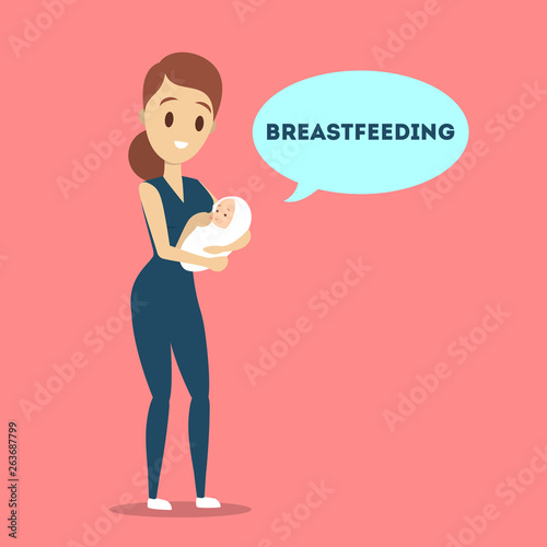 Mother breastfeeding her newborn baby. Idea of child care