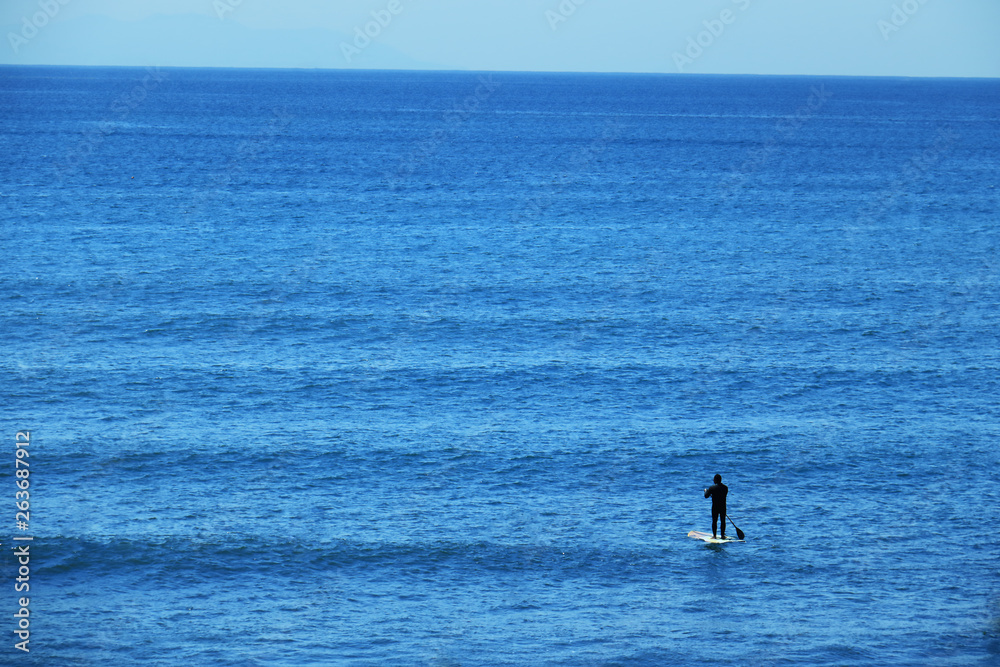 Standing paddle surfer in the large sea
