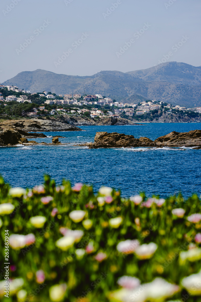 Coast landscape with flowers, sea and a small coastal village next to the sea in Spain.