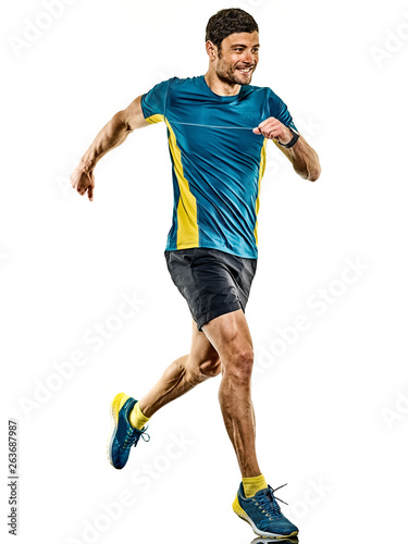 one caucasian handsome mature man running runner jogging jogger isolated on white background