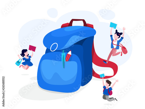 Big backpack and school children around