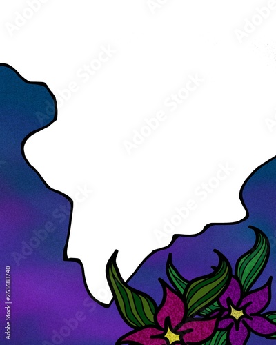 An abstract background with a large white space framed by purple, and two flowers in the bottom corner