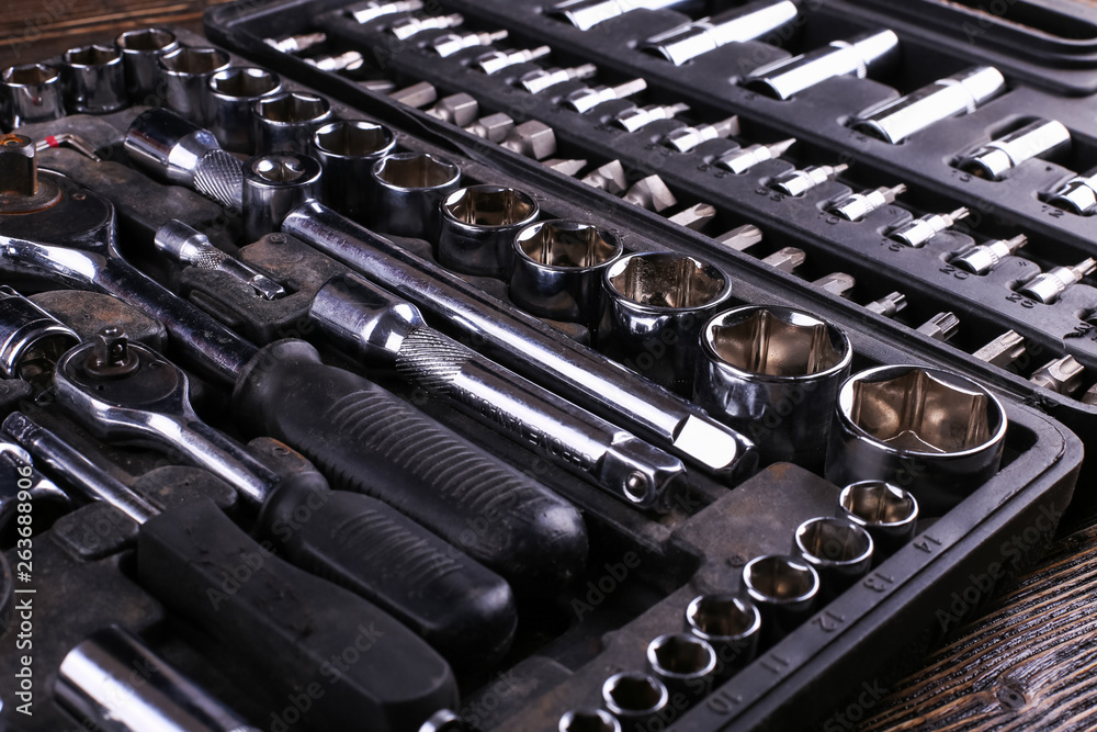 A set of tools in the box, organized workspace. A set of tools in the box, organized workspace.