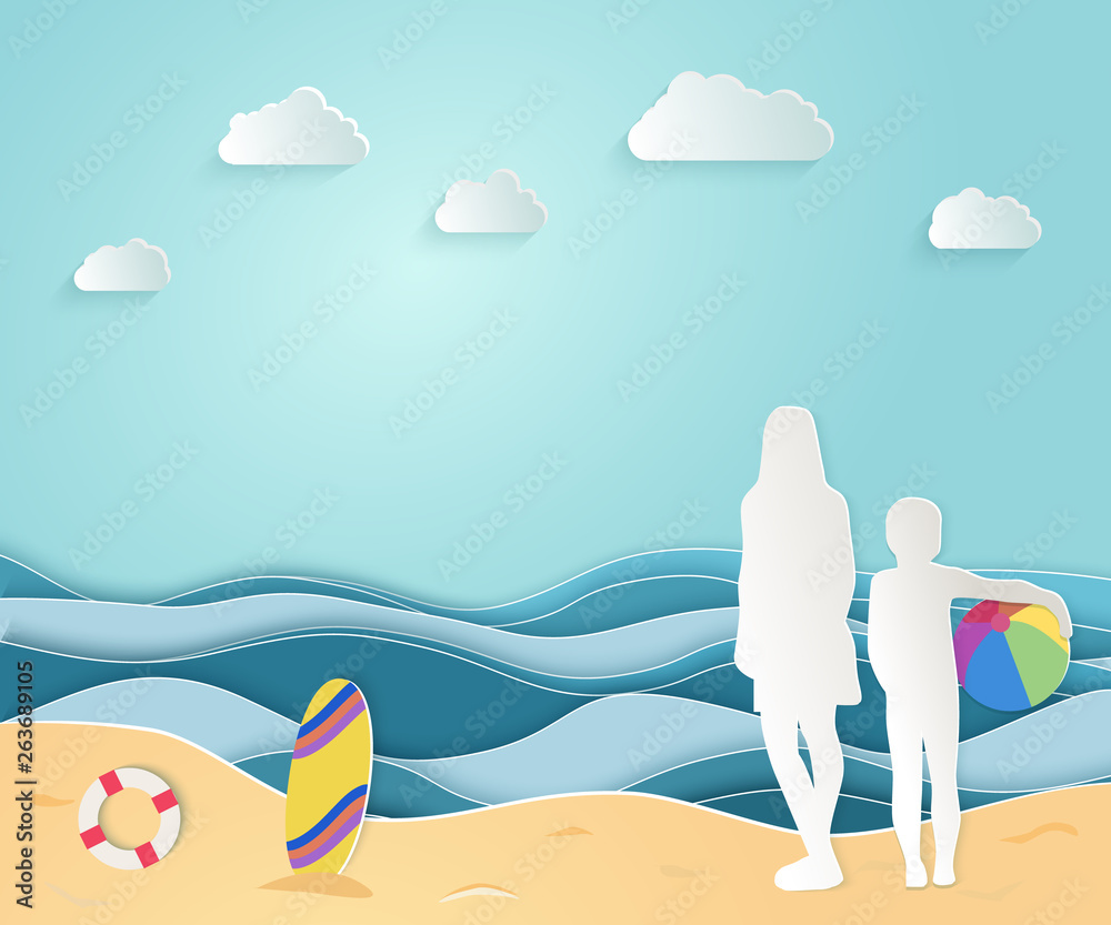 Summer sea picture origami made paper. Mom and child standing on the beach and looking at the beautiful sea. Vector illustrations, paper art and digital crafts style.