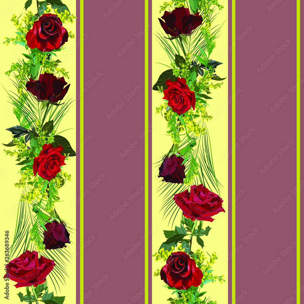 Obraz Szkarłatno-karmazynowe róże w wieńcu z żółtą mimozą na pionowych żółto-różowych paskach. Wzór - modna tapeta, tkanina, nadruk na papierze.