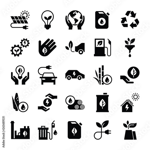 Monochrome illustrations of icons relating to the production and distribution of green energy, white background.