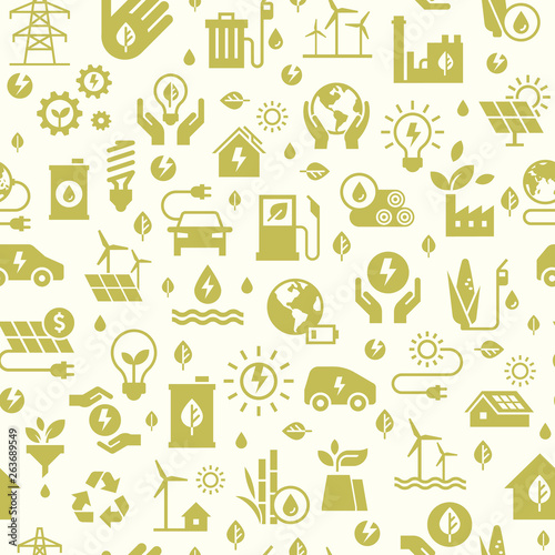 Vector design with seamless ecology pattern and green energy concept in trendy flat style. Seamless pattern with vectors eco icons in flat style. Ecology, nature, energy, environment, recycling icons.