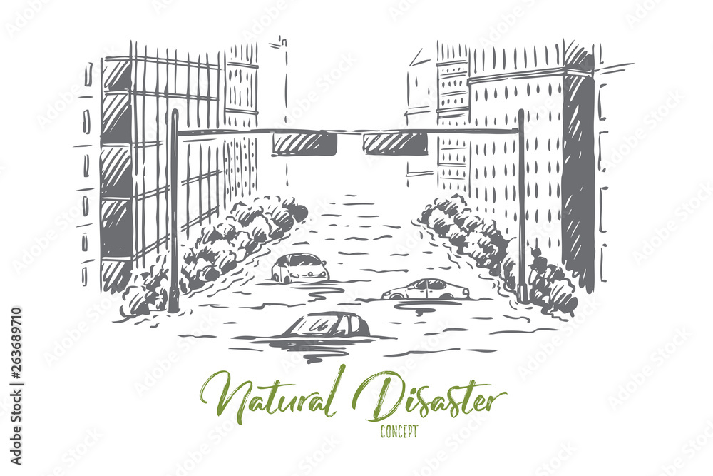 Obraz premium Flood, disaster, city, street, danger concept. Hand drawn isolated vector.