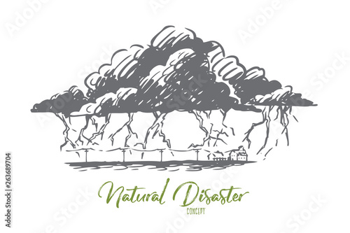 Lightning, strike, cloud, storm, thunderstorm concept. Hand drawn isolated vector.