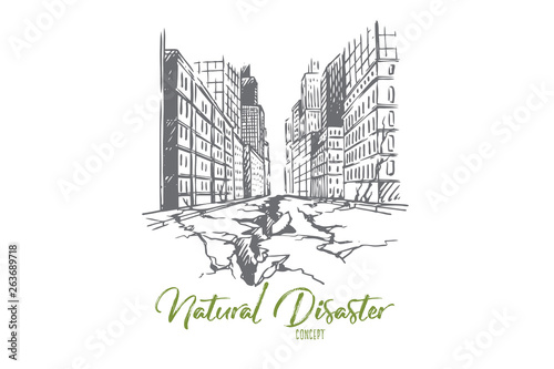 Earthquake, city, disaster, damage, danger concept. Hand drawn isolated vector.