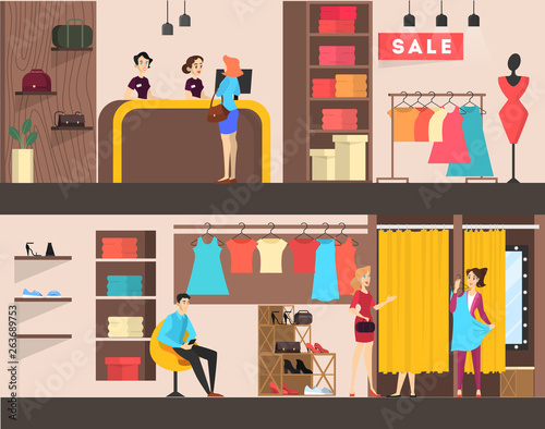 Clothing store interior banner. Woman in the fitting room