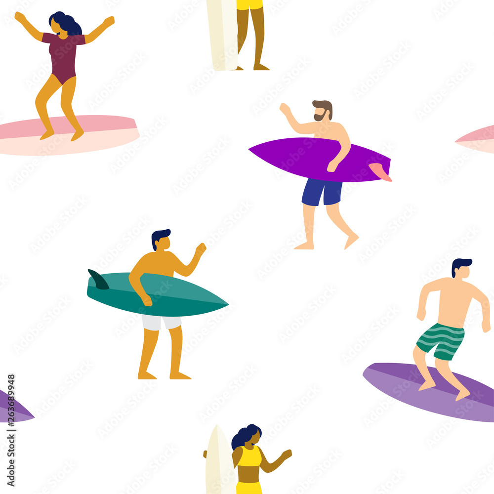 Fototapeta premium Surfers on surfboards in sea waves seamless pattern. Vector