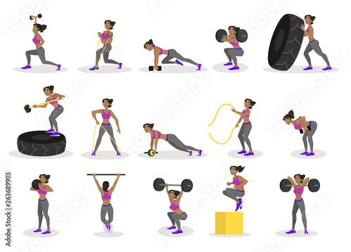 Set of people doing workout. Fitness and bodybuilding exercise