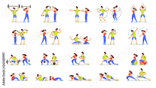Woman and man doing various sport exercise set