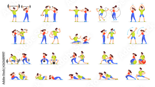 Woman and man doing various sport exercise set