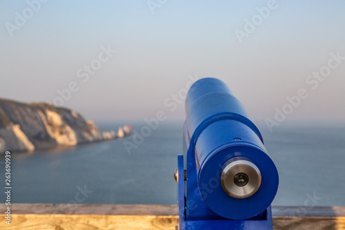 Binoculars at a view point for The Needles, at Alum Bay on the Isle of Wight