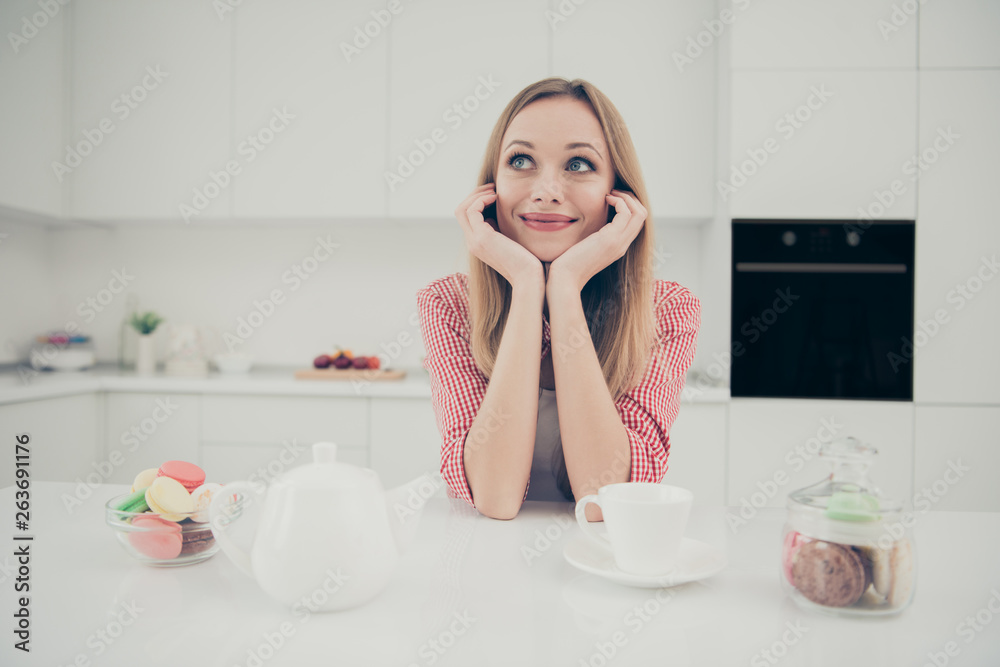 Closeup photo portrait of pondering pensive nice charming delightful calm peaceful charming she her lady sitting at the table enjoying free time Closeup photo portrait of pondering pensive nice charming delightful calm peaceful charming she her lady sitting at the table enjoying free time