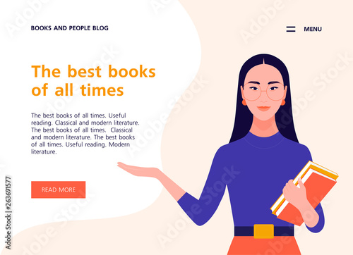 A young woman holds books in her hands. Website template about books, literature and reading. Libraries and bookstores. Vector flat illustration