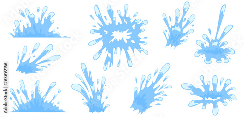 Blue Water spray, Splash and Drops set. Cartoon style.
