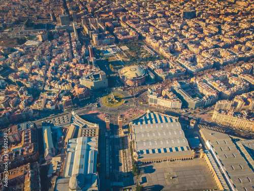 Plaza Espana in Barcelona, aerial view. Spain 2019