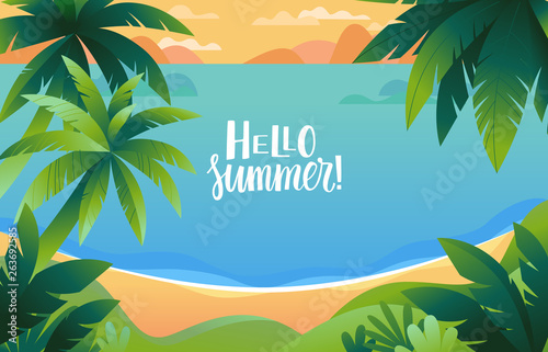 Vector illustration - beach landscape - plants, leaves, palm trees and ocean