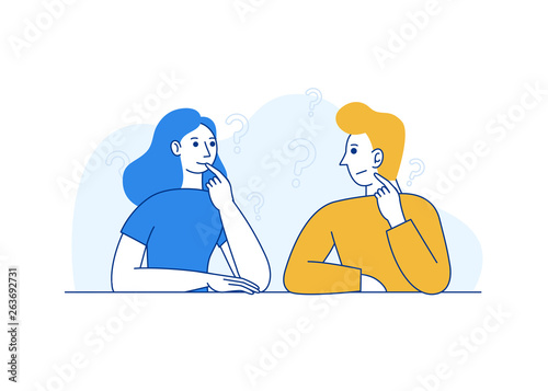 Vector illustration in simple flat style with characters - problem solving and brainstorm