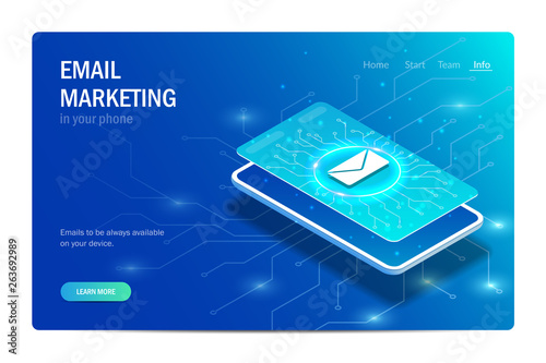 Email marketing in your phone. Concept. Letter icon on the smartphone screen. Editable vector isometric illustration in hi tech style.