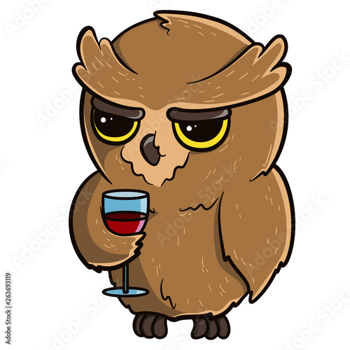 Cute cartoon sad owl with a glass of wine isolated on white background. Vector illustration