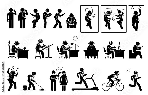 Man using phone and listening to earphone in different poses stick figures pictogram. Artworks depict people or person listening to music, podcast, or video with phone while doing various activities.