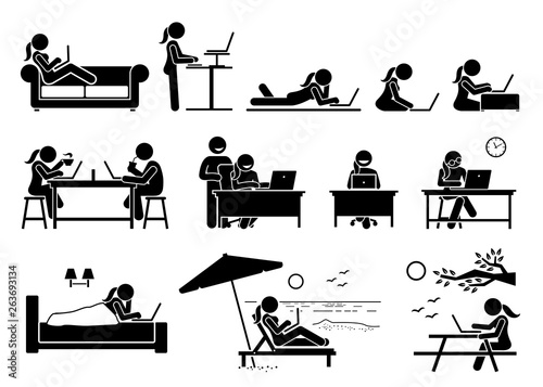 Woman using computer on different postures, poses, and places. Artwork depicts girl use a laptop to access and browse Internet at home, office, cafe, bedroom, beach, and outdoor park.