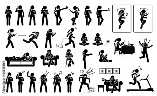 Woman using phone or smartphone in different poses, actions, emotions, reactions, and places. Artworks depicts a female stick figure using cellphone at bed, sofa, chair, restaurant, and gym room.