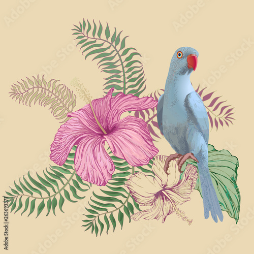 Colorful Illustration of hand drawn tropical hibiscus flower, frangipani, palm leaves and blue Indian parrot isolated on a beuge background. Wedding invitation, Birthday greeting, book cover, postcard