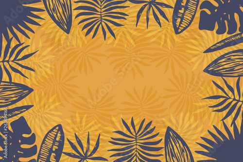 Bright orange horizontal background of dark blue hand drawn overlapping tropical leaves with copy space center. Contrast exotic border for summer greeting cards, banner design, wedding invitation