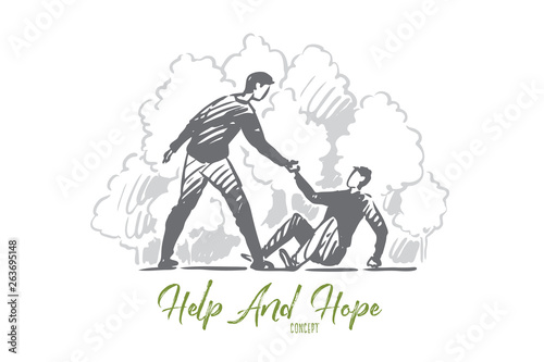 Help, fall, man, accident, people concept. Hand drawn isolated vector.