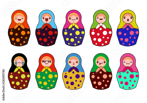 Vector matryoshka set in red and green color, traditional Russian dolls. Vector Russian nesting dolls. Babushka doll clipart. Vector Christmas matreshka,. Vector illustration.